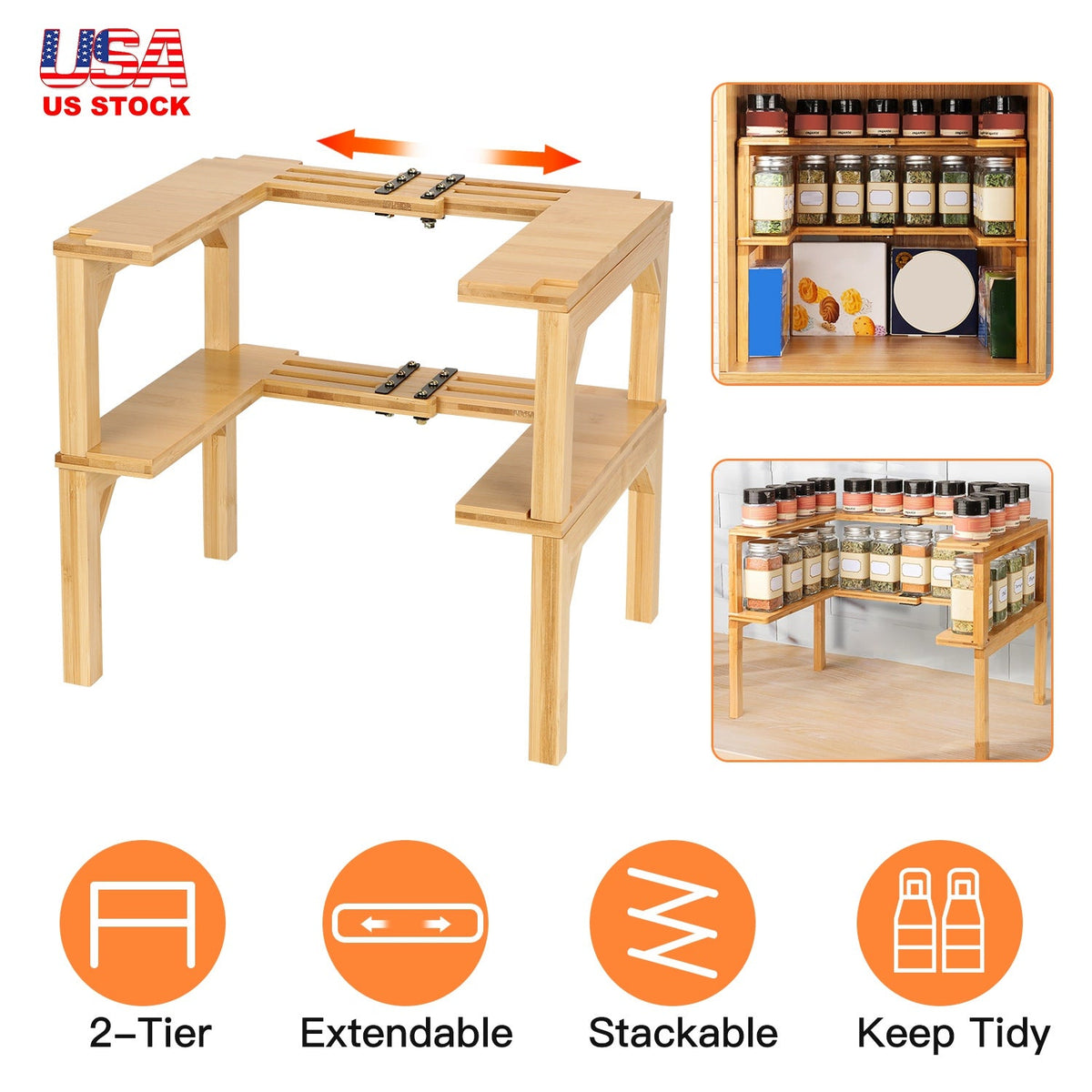 2-Tier Kitchen Spice Rack Expandable Bamboo Spice Organizer Cabinet Stackable Seasoning Organizer Extendable Spice Jar Rack for Countertops Pantries C