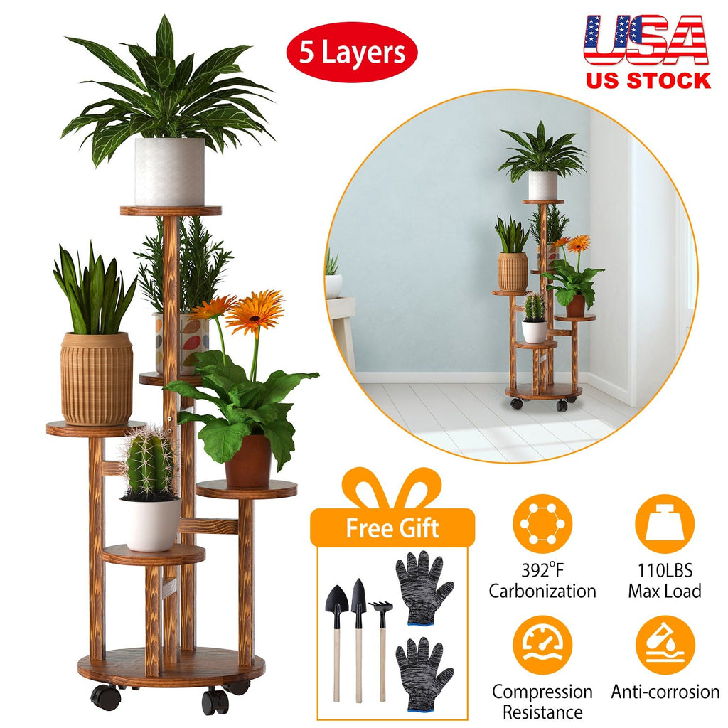 5 Tier Plant Stand with 4 Detachable Wheels Wooden Plant Pot Rolling Shelf Plant Display Rack for Indoor Outdoor Decoration
