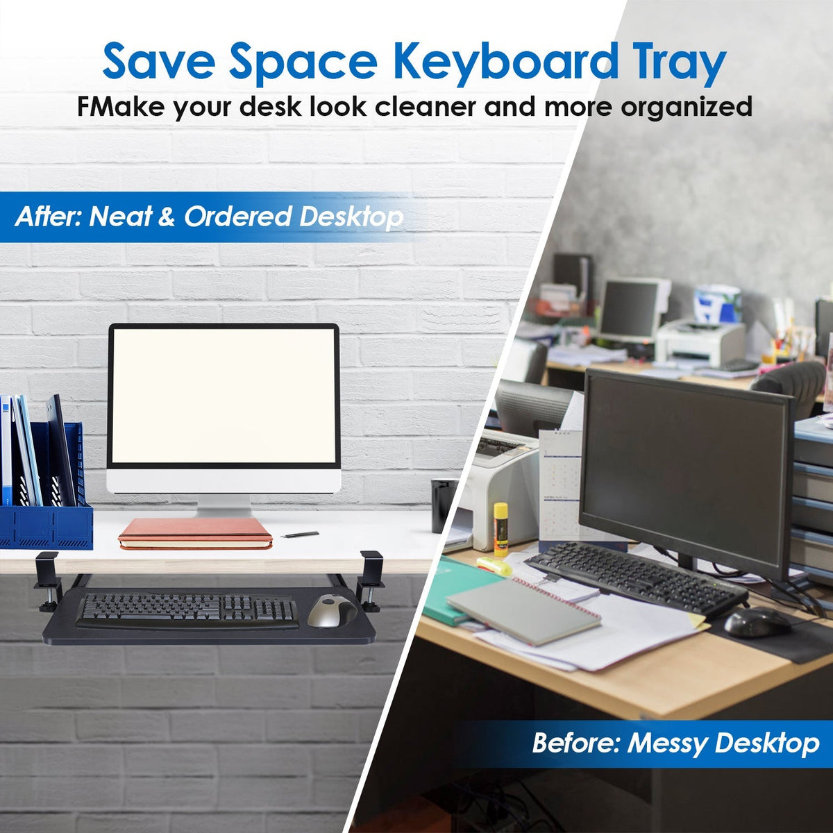 25.59x9.64x0.51in Keyboard Mouse Tray Under Desk Retractable Slide Out Drawer Height Adjustable with C Clamp 55LBS Load