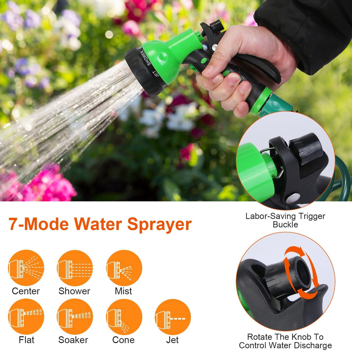 EVA Recoil Garden Hose Flexible Self-coiling Water Hose with 3/4Ó and 1/2Ó Adapter with 7 Spraying Modes for Boat Greenhouse Yard Patio