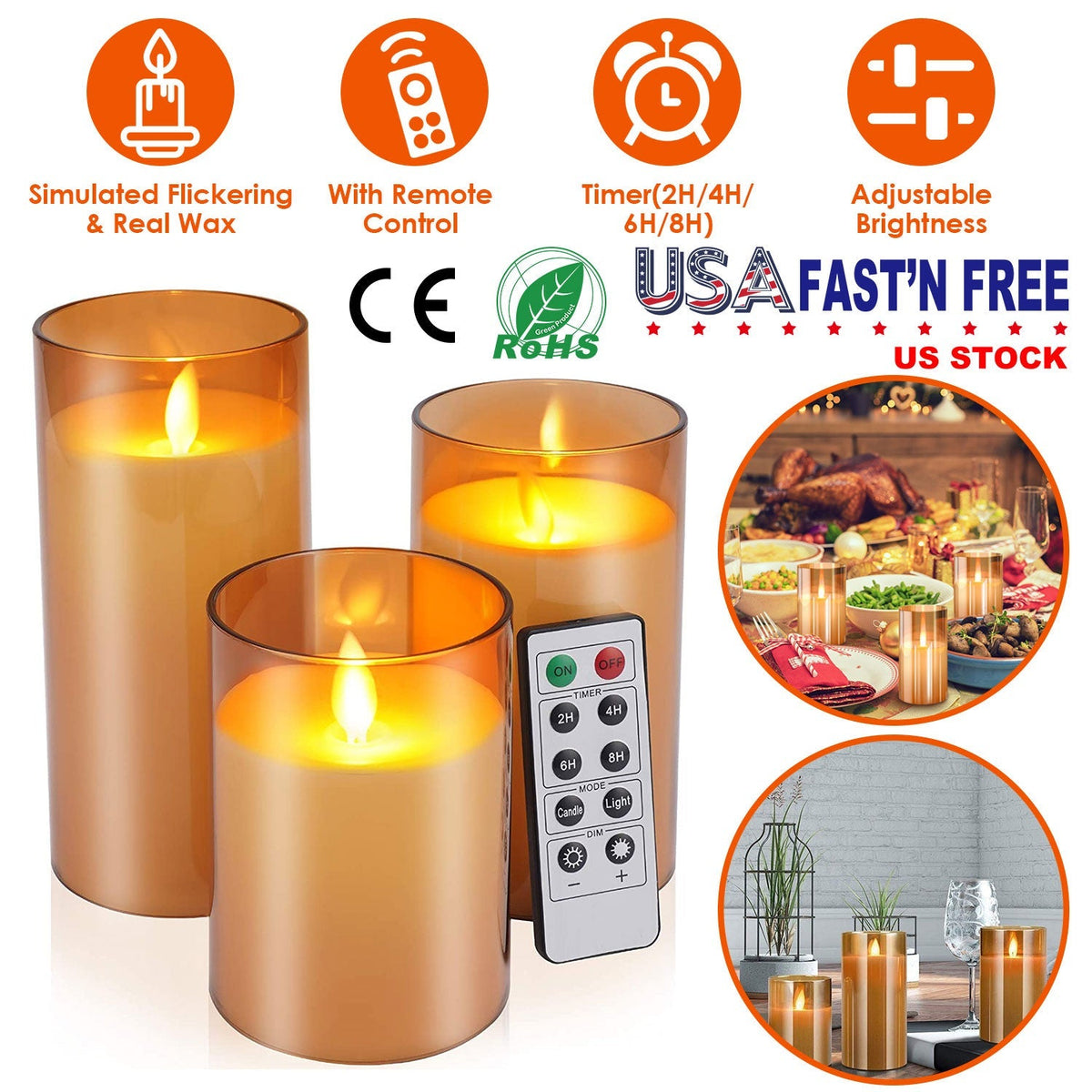 3Packs Flameless Candles Battery Operated Pillar Real Wax LED Glass Candle Warm White with Remote Control Timer