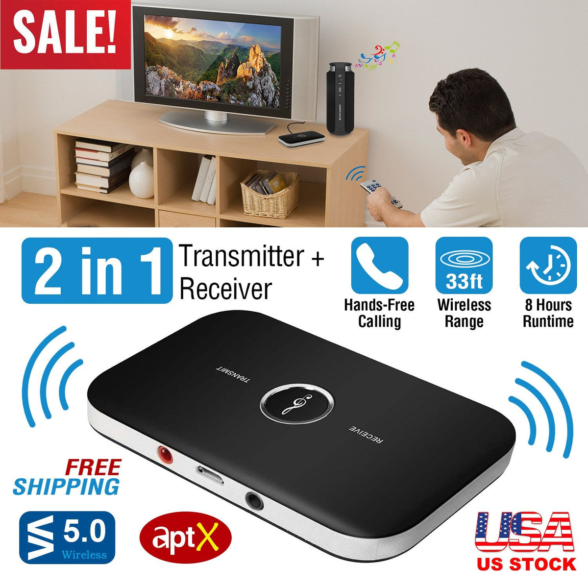 Wireless V5.0 Transmitter Receiver with aptX Low Latency 2-in-1 Wireless 3.5mm Audio Adapter for TV Headphones Speakers PC Sound System Car