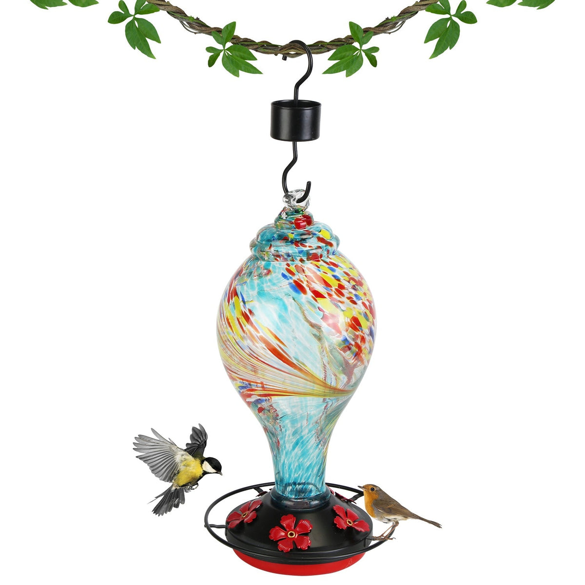 Glass Hummingbird Feeder 33OZ Hand Blown Hummingbird Feeder with 5 Flower Feeding Port Perch Ant Moat Hanging Hook S Hook Hemp Rope Cleaning Brush for