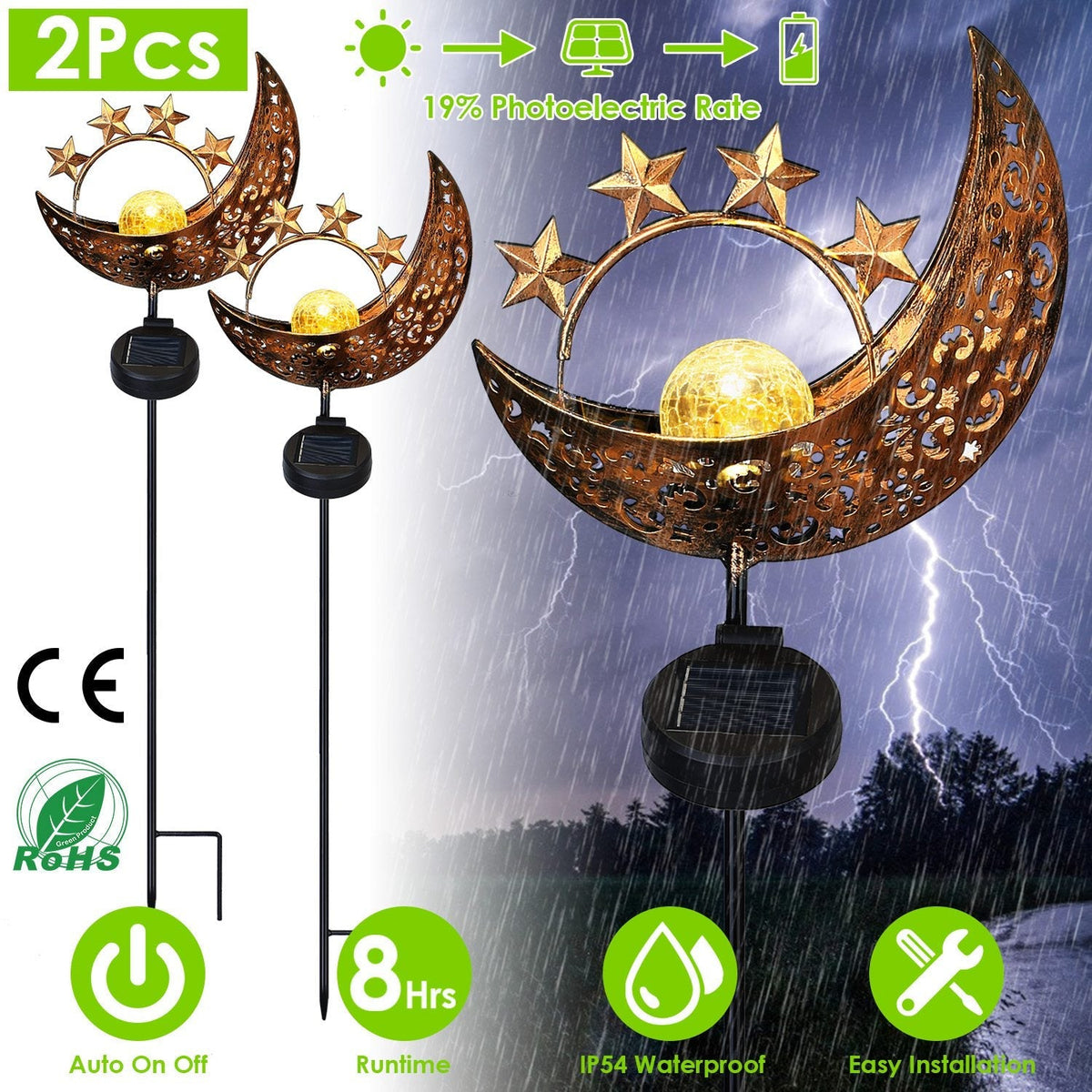 Solar Powered Moon Star Lamp IP54 Waterproof Decorative Lamp Crackle Glass Globe Stake Iron Lights For Garden Lawn Yard Driveway