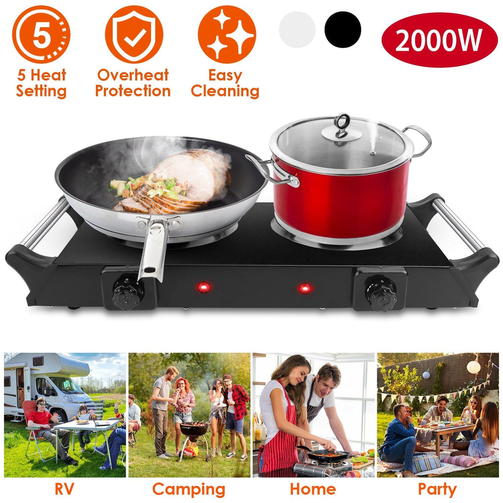 2000W Electric Dual Burner Portable Coil Heating Hot Plate Stove Countertop RV Hotplate with 5 Temperature Adjustments Portable Handles