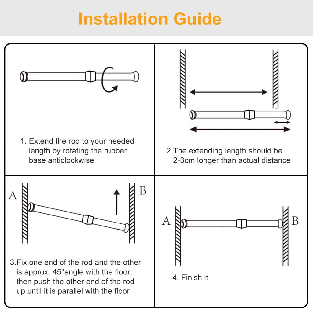Tension Curtain Rod Spring Load Adjustable Curtain Pole Heavy-Duty Steel 4 Sizes for Bathroom Wardrobe Kitchen Balcony