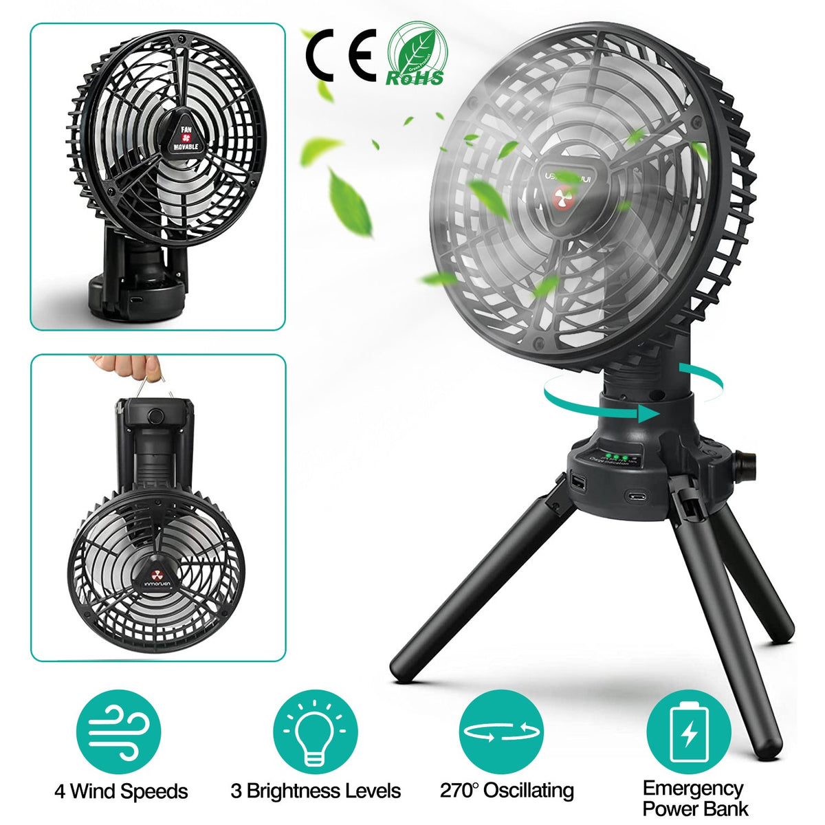 Foldable Camping Fan with Emergency Power Bank 270¡ Oscillating Rechargeable Tripod Fan for Hiking Fishing Personal Desk Fan with 4 Speeds 3 Brightnes
