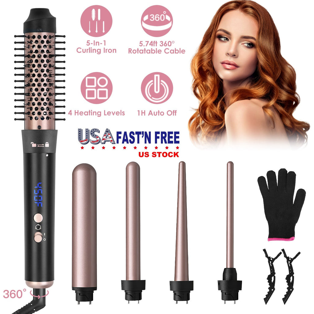 5 in 1 Curling Wand Hair Curling Iron Brush Anti-Tangle HairÊThermal Brush Curler with 4 Heating Levels 360¡ Rotatable Cable 5 Interchangeable Barrels
