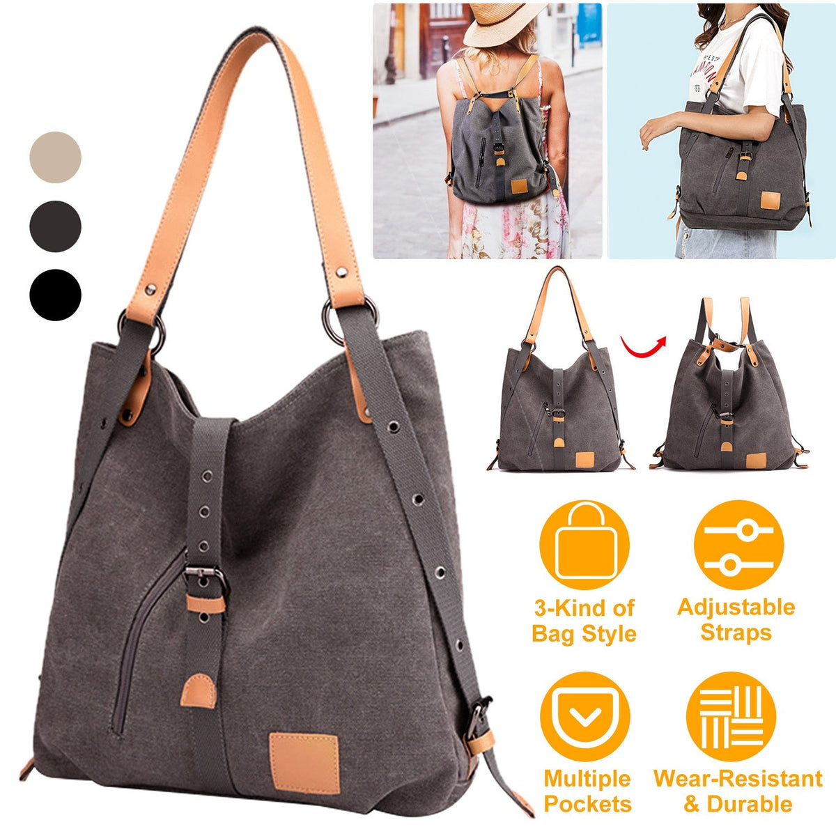 Ladies Canvas Tote Bag Multifunctional Purse Handbag Adjustable Shoulder Rucksack Convertible Backpack Wear-Resistant Dirt-Proof For Women School Offi