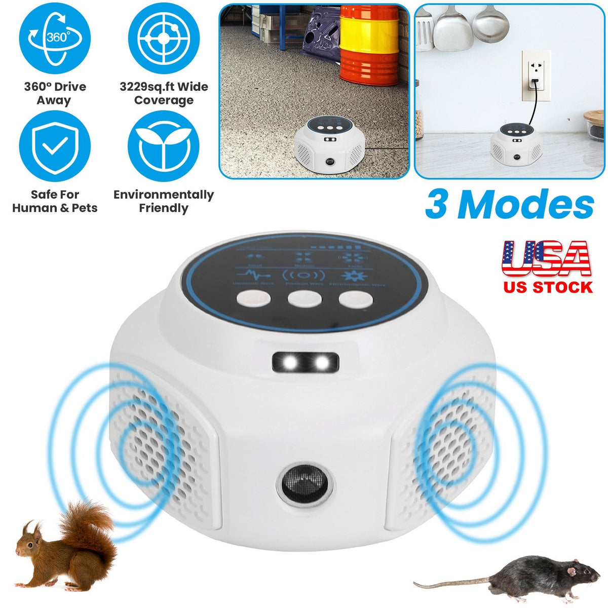 360¡ Ultrasonic Mice Repellent Indoor Rodent Repeller Rat Squirrel Rodent Chaser with 3 Modes 2 Strobe Lights for Kitchen Warehouse