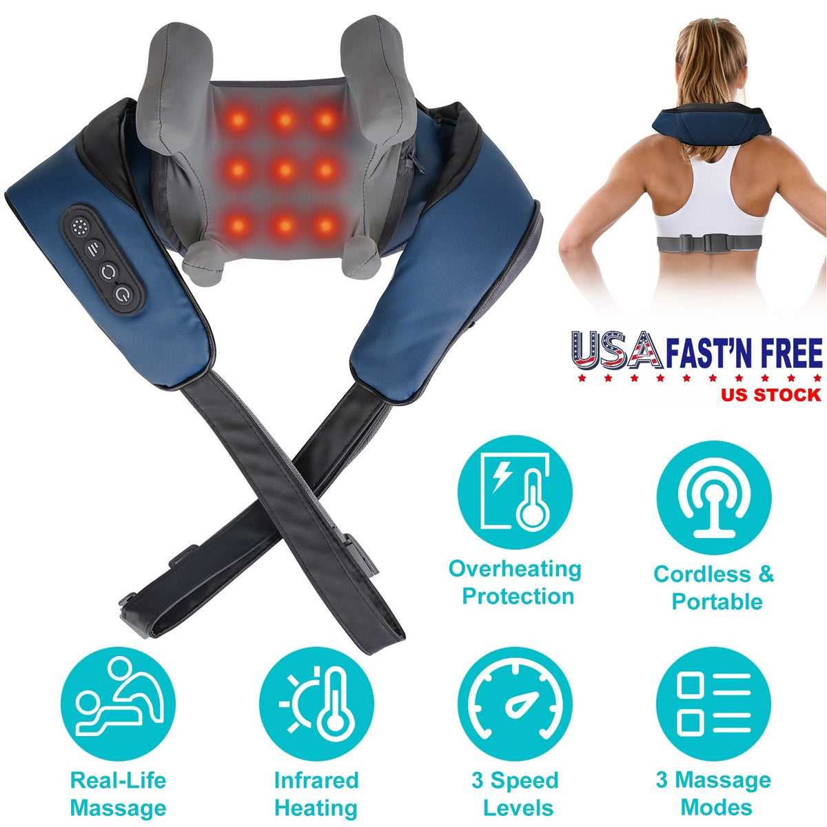 Electric Neck Shoulder Massager with Infrared Light Heating 3 Massage Modes Speeds Kneading Grasping Shiatsu Massage Pillow For Back Arms Thighs Relea