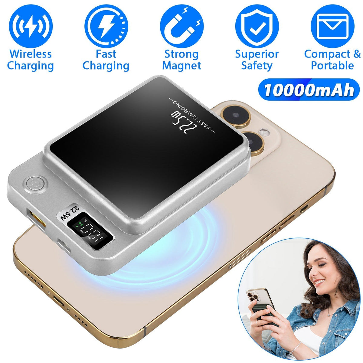 2 In 1 Magnetic Wireless Power Bank 10000mAh PD20W Fast Charger MagSafe Wireless Power Bank Fit for IOS Phones IOS Phone 14 Series And More