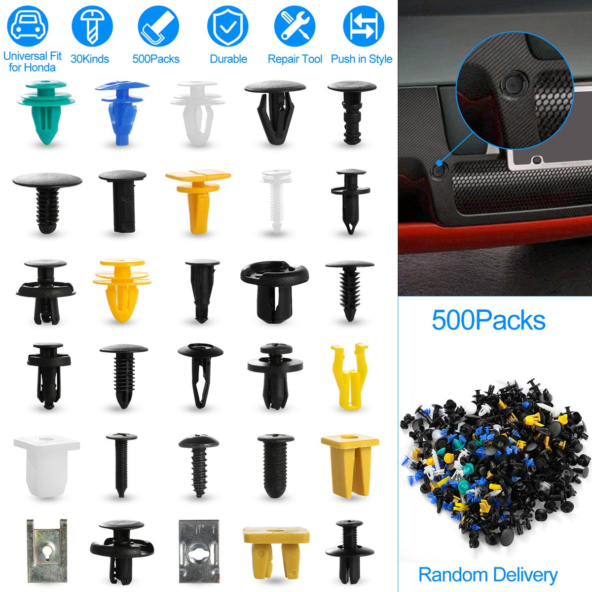 500Packs Bumper Fastener Rivets 30 Kinds Bumper Push Clips Fender Replacement Universally Fit for Honda Toyota Car Panel Skirt Shield Retainer