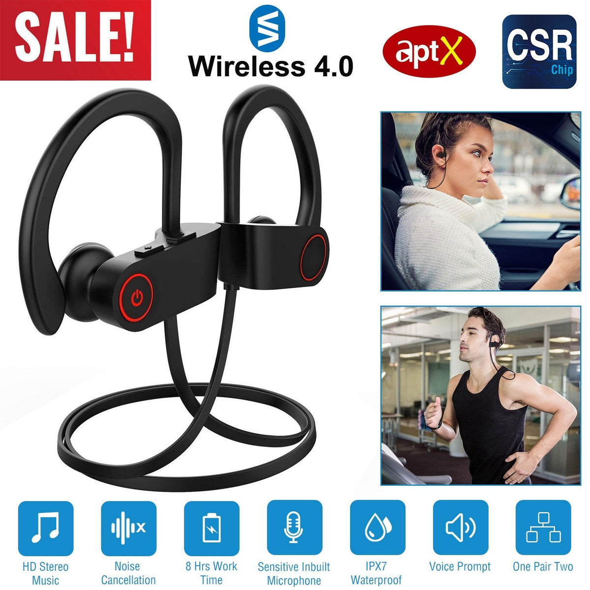 Wireless Headset IPX7 Waterproof Sport Headphones In-Ear Wireless4.1 Stereo Earphone Noise Canceling Neck Earbuds w/Mic 8 Hrs Work Time for Running Hi