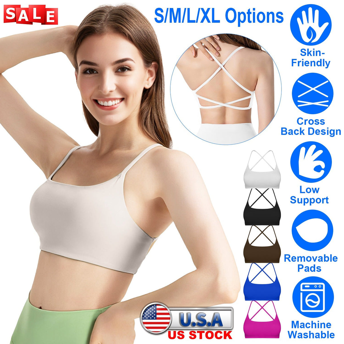 Women Cross Back Sport Bras Padded StrappyÊCrop Open Back Low Impact Bras SexyÊFitnessÊTank Tops with Removable Pads Thin Straps for Gym Yoga Workout