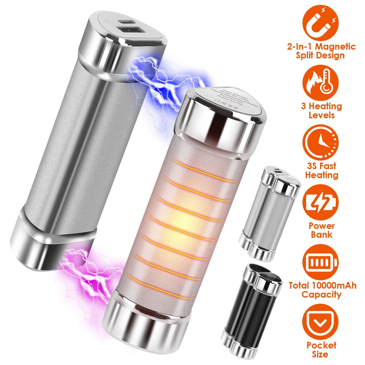 2 Packs 10000mAh Split-Magnetic Handwarmers 2 in 1 Portable Electric Pocket Heater Power Bank Portable Charger with 3 Heating Levels  for Camping Hunt