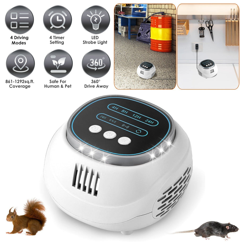 Ultrasonic Rodent Chaser Rat Repellent Pest Driver Mouse Control Squirrel Repeller with 4 Modes 4-65KHz Strobe Light 4 Timer 1292sq.ft. Coverage for R