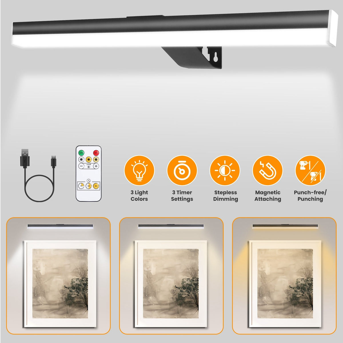 Wireless Picture Light Magnetic Art Display Light Dimmable Rechargeable Library Gallery Light with 3 Light Colors 3 Timer Settings Remote Control Punc