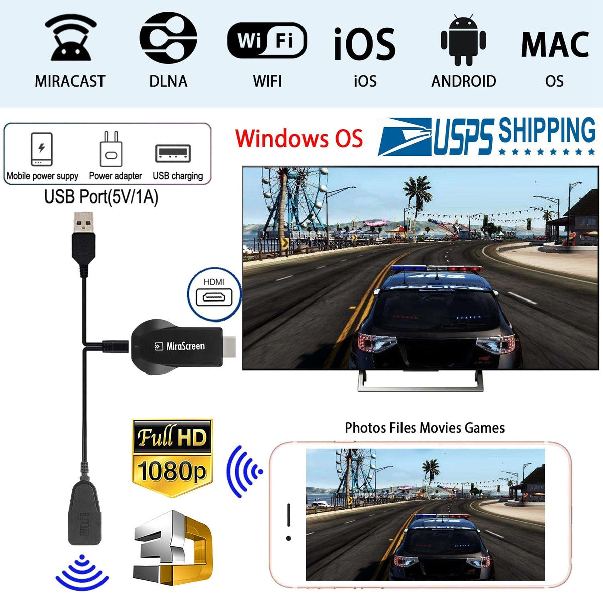 1080P Wireless Display Adapter Miracast Dongle for Android IOS TV Streaming Media Player
