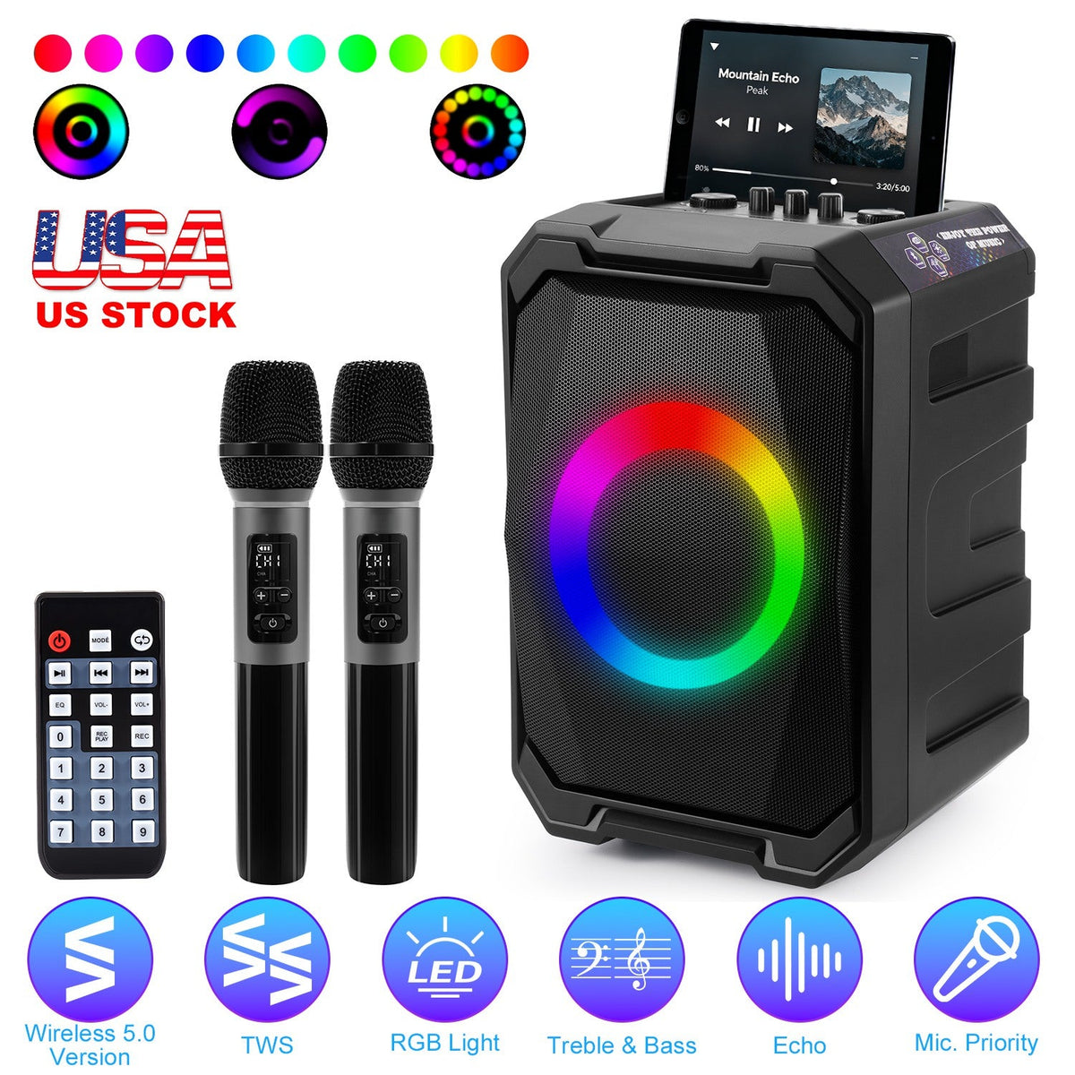 Portable Wireless Party Speaker | LED Lights, 2 Wireless Mics, Remote, TWS & Guitar Input