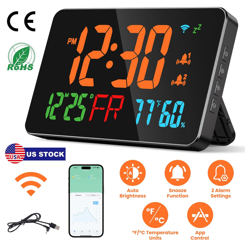 WiFi Auto Set Alarm Clock LED Digital Clock With 2 Alarm Setting Snooze 4 Brightness Levels Auto Light Sensing Temperature Humidify Monitor App Contro
