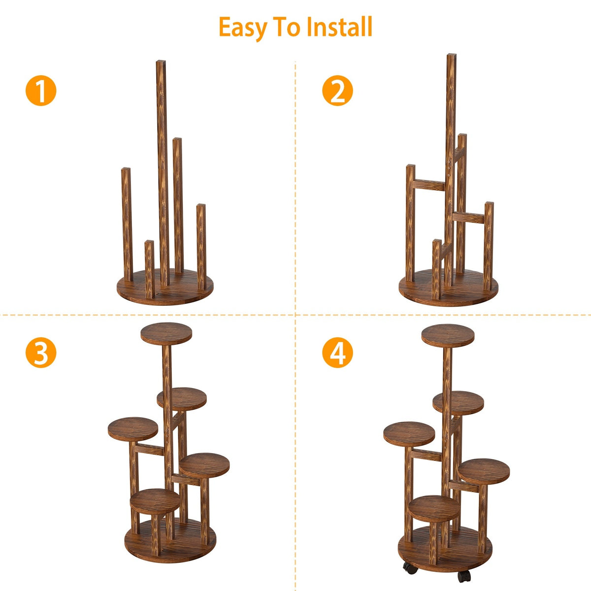5 Tier Plant Stand with 4 Detachable Wheels Wooden Plant Pot Rolling Shelf Plant Display Rack for Indoor Outdoor Decoration