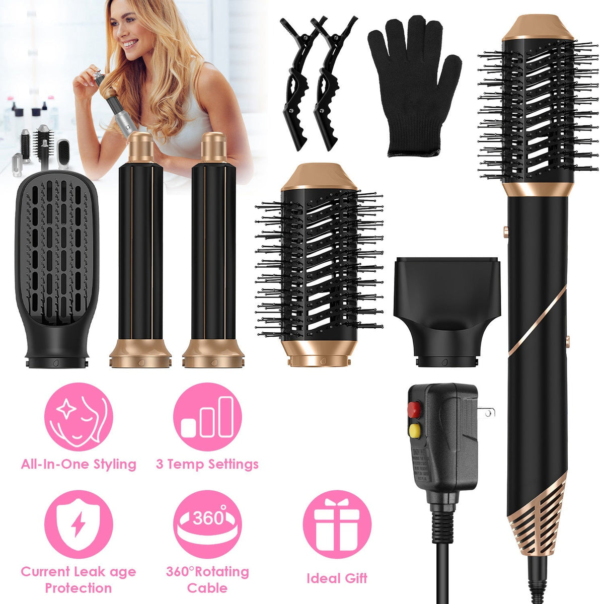 5 In 1 Hot Air Styler Straightener Curler Dryer Automatic Wrap Styler Hair Dryer Brush Set with 3 Temp Settings ALCI Plug Glove Cable Tie 2 Alligator