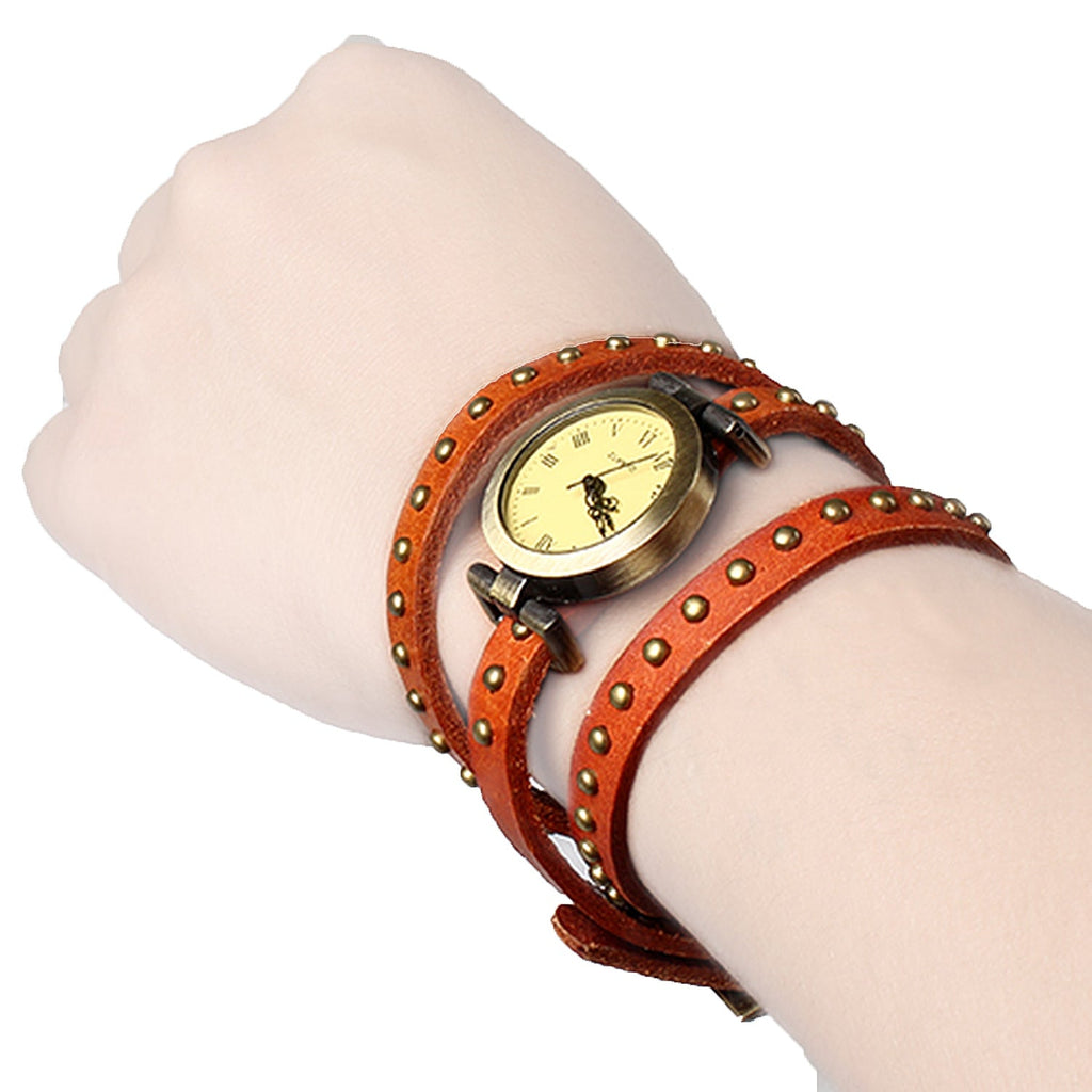 Fashionable Rivet Leather Belt Retro Watch Hand Chain-orangered