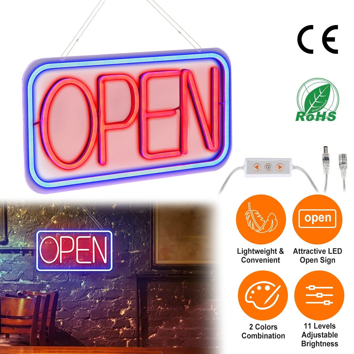 LED Open Sign 16.5x9.1in Business Neon Open Sign Advertisement Board with 11 Levels Adjustable Brightness
