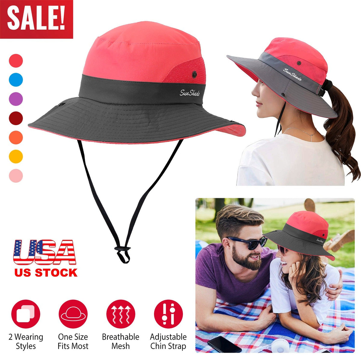 Women Summer Sun Bucket Hats Foldable UV Protection Cotton Cap Wide Brim Floppy Cap Packable Ponytail Mesh Travel Hat For Beach Fishing Camping Travel