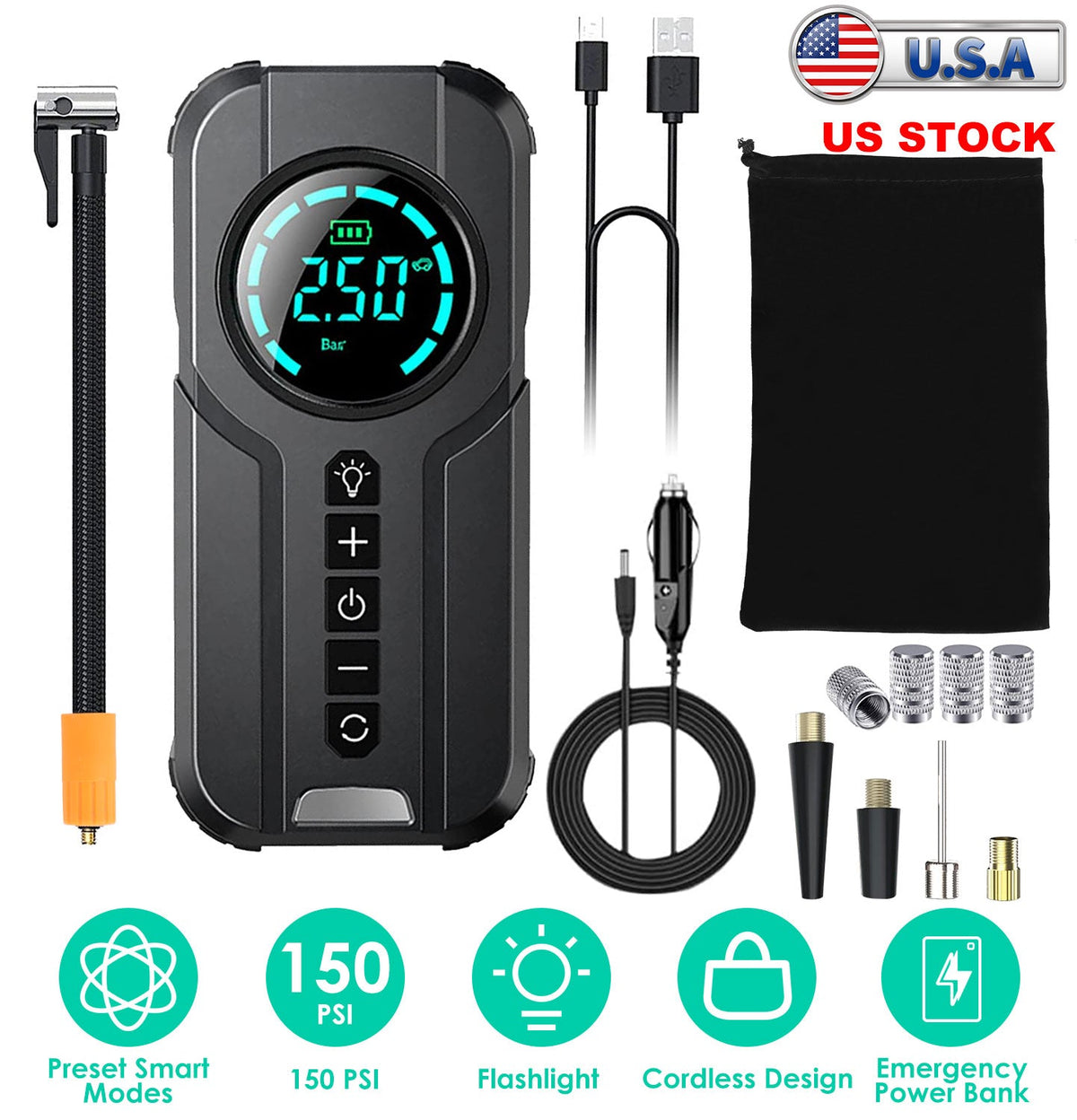 Car Tire Inflator Pump Portable Car Air Compressor Wireless Electric Air Pump 150 PSI with LED Light