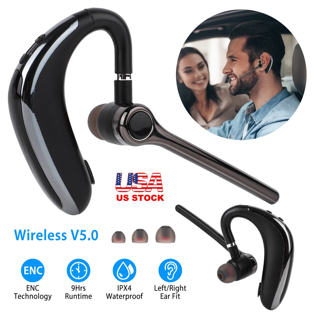 Wireless V5.0 Earpiece ENC Driving Earbuds 180¡ Rotatable Left Right Ear Fit Earphone For Business Driving Running