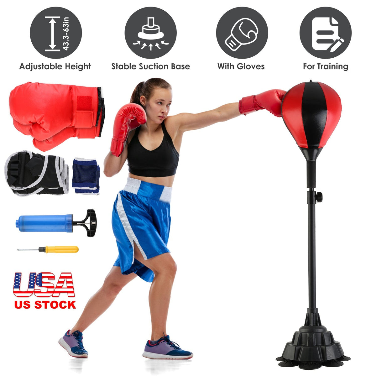 Punching Bag with Stand Free Standing Boxing Ball for Adults 43.3-63in Height Adjustable Boxing Bag with Gloves Wrist Sleeves Stable Suction Base for