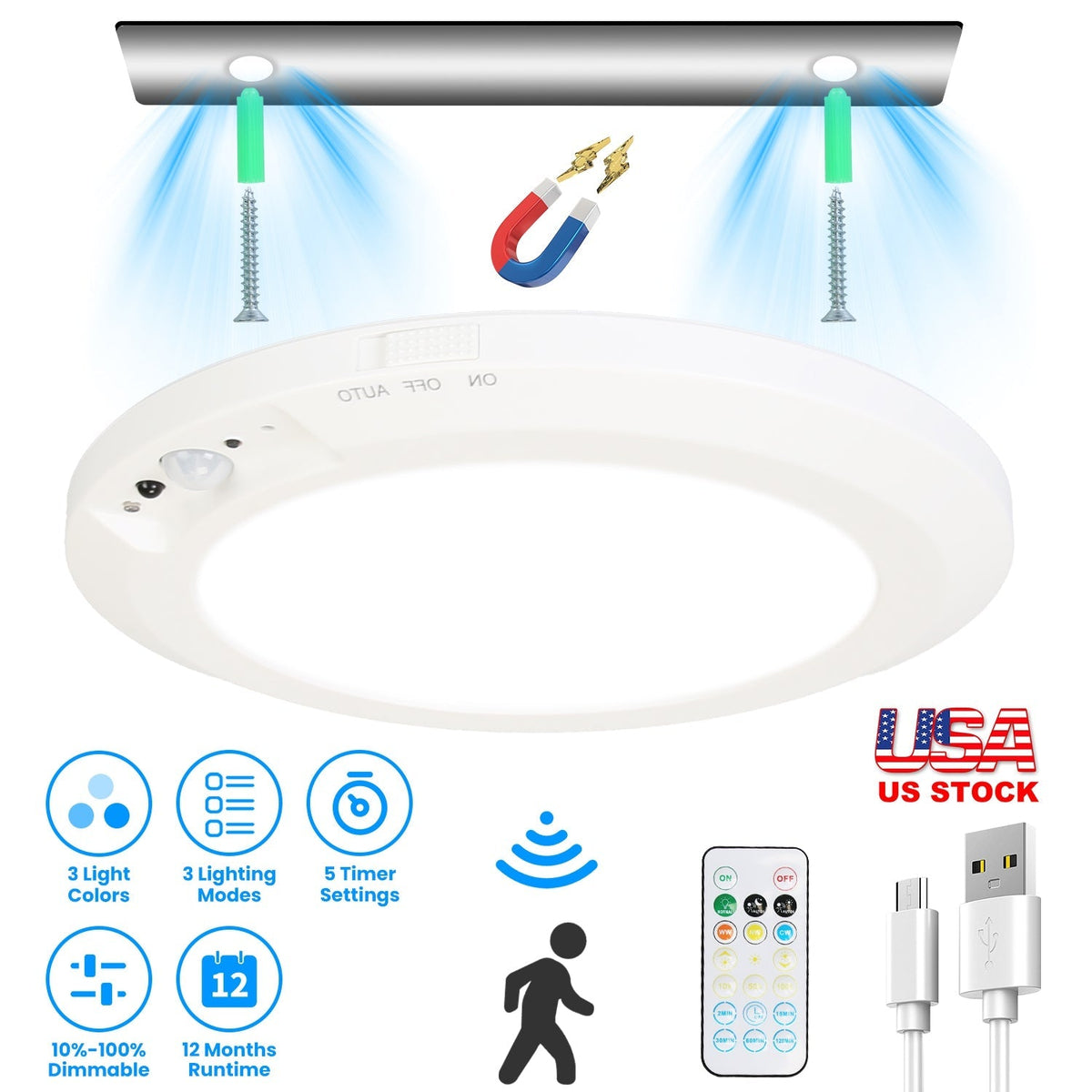 Magnetic Flush Ceiling Light Rechargeable Motion Sensor Ceiling Light Wireless Ceiling Light with Timer Remote Stepless Dimmable for Closet Stairs Gar