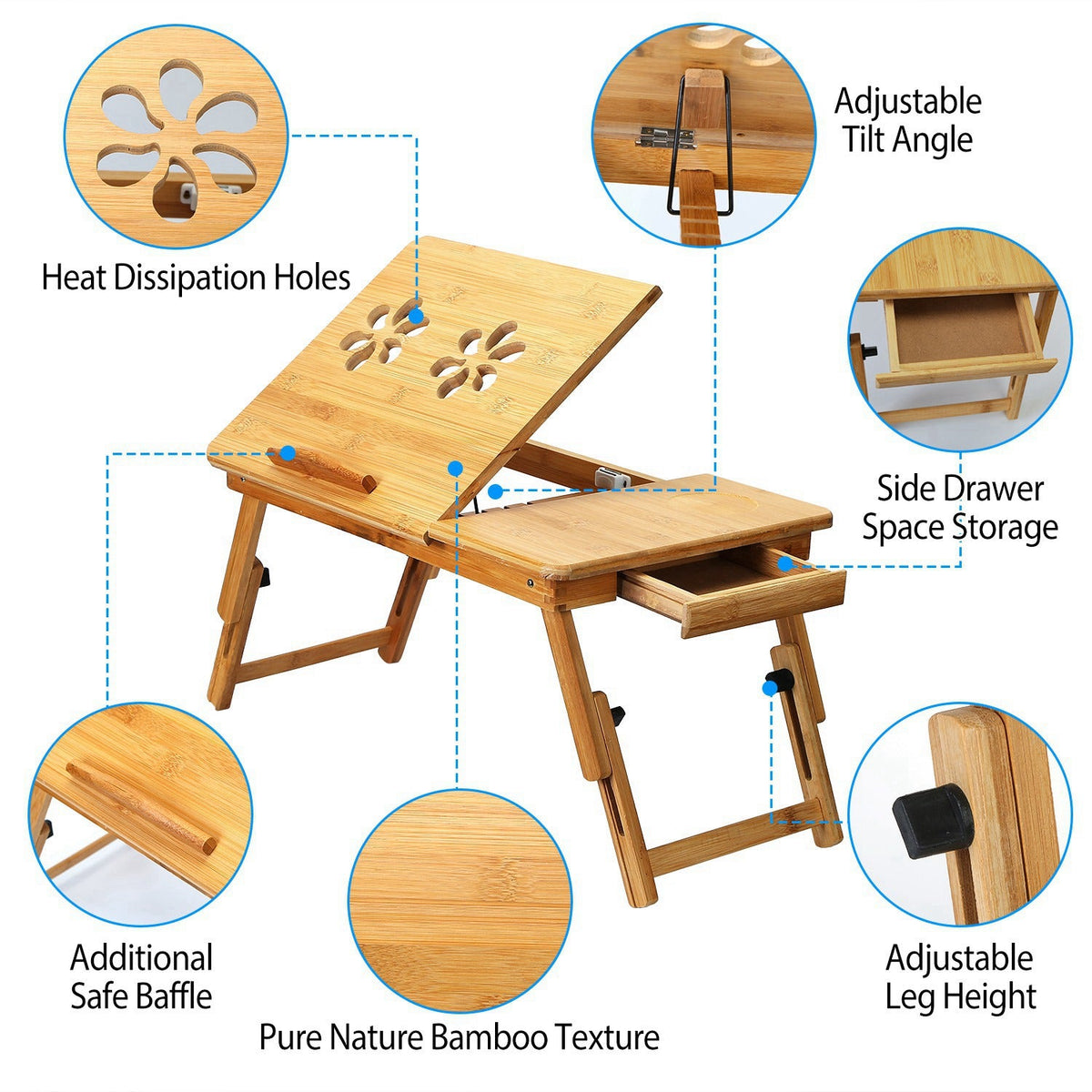 Bamboo Laptop Desk Breakfast Serving Bed Tray Foldable Leg Multi-Position Adjustable Tilt Surface Bed Lap Tray with Side Storage Drawer for Work Study