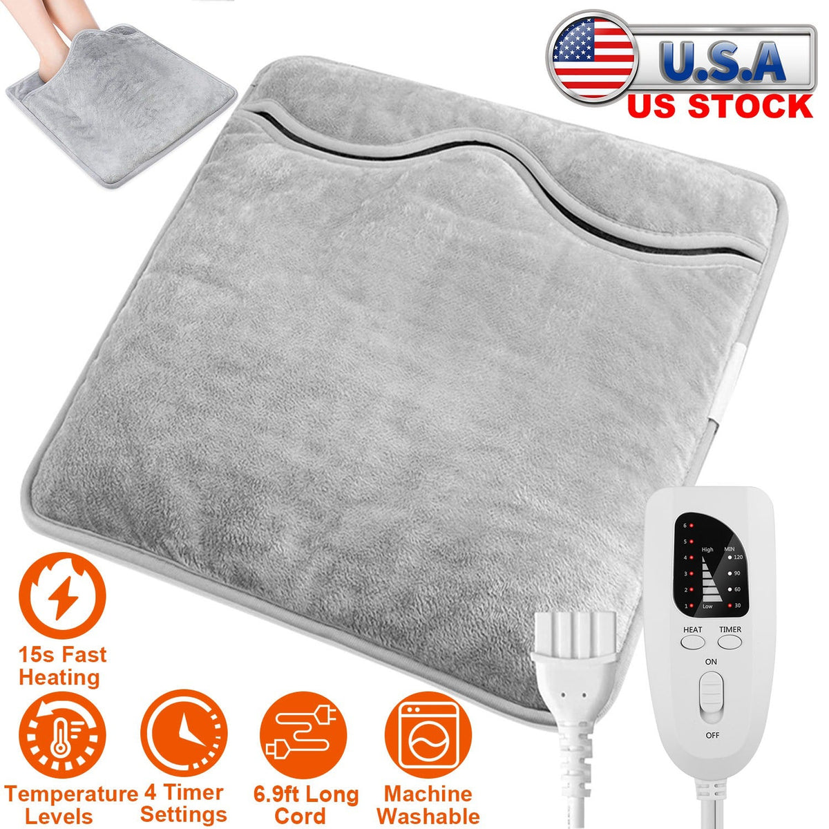 Electric Foot Warmer Heater Fast Heating Pad Cushion Mat Machine Washable with 6 Temperature Settings 4 Timer Modes