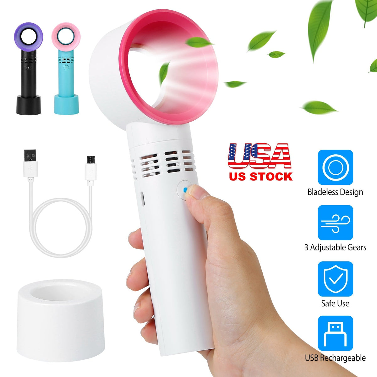 Portable Handheld Bladeless Fan Rechargeable Cooling USB Fan Desktop Use Fan w/ 3 Gears LED Indicator Cooling Fan