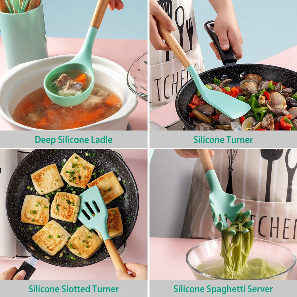 11PCS Silicone Utensil Set – Heat-Resistant with Wooden Handles & Holder