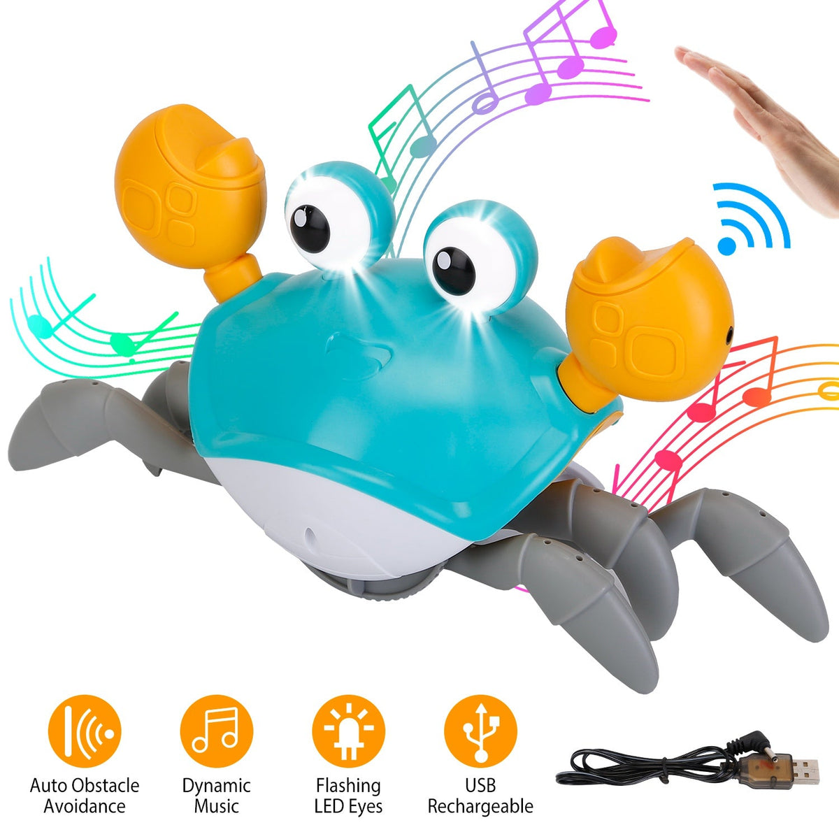 Crawling Crab Baby Toy with Music and LED Light for Kid Interactive Learning Toy Automatically Avoid Obstacles Walking Dancing Toy