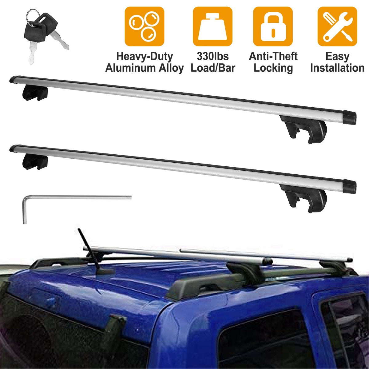 2Pcs Car Roof Top Crossbar Rack Aluminum Alloy Luggage Carrier Rack 330lbs Max Load w/Lock Fit Most Cars SUVs