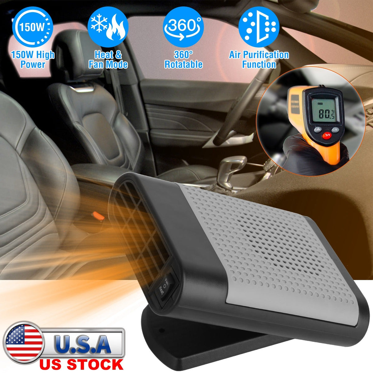 12V 150W Portable Car Heater Heating Fan 2 In 1 Defroster Defogger Demister Windshield Heater Automotive Cooling Fan with Air Purification 360¡ Rotati