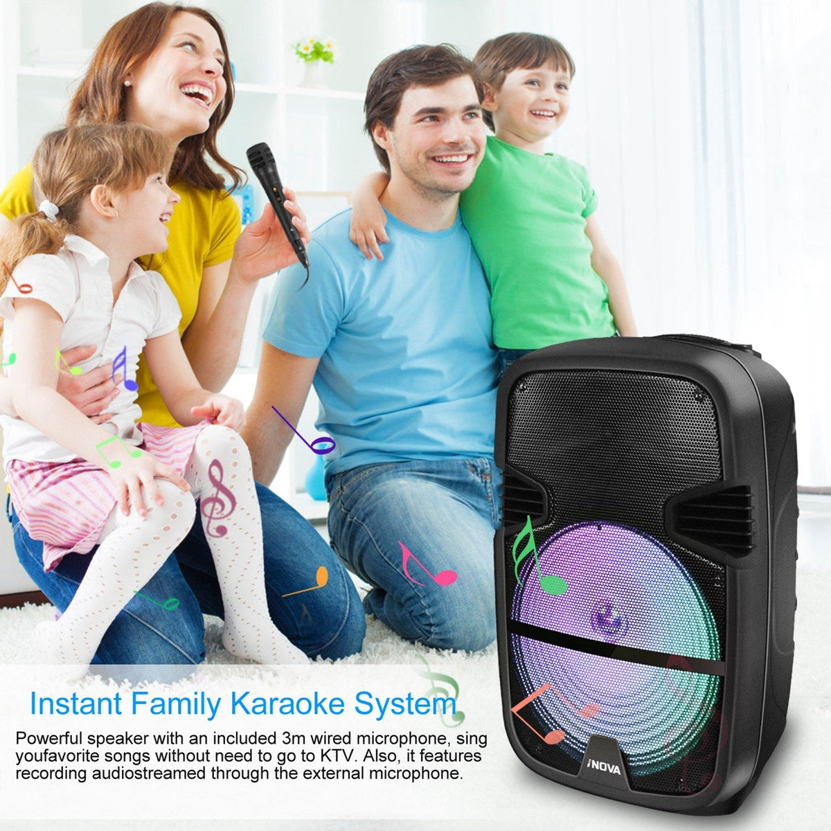 iNOVA Wireless Speaker Portable PA Karaoke System with Wired Microphone 15" Subwoofer Sound System w/ DJ Lights Remote Control