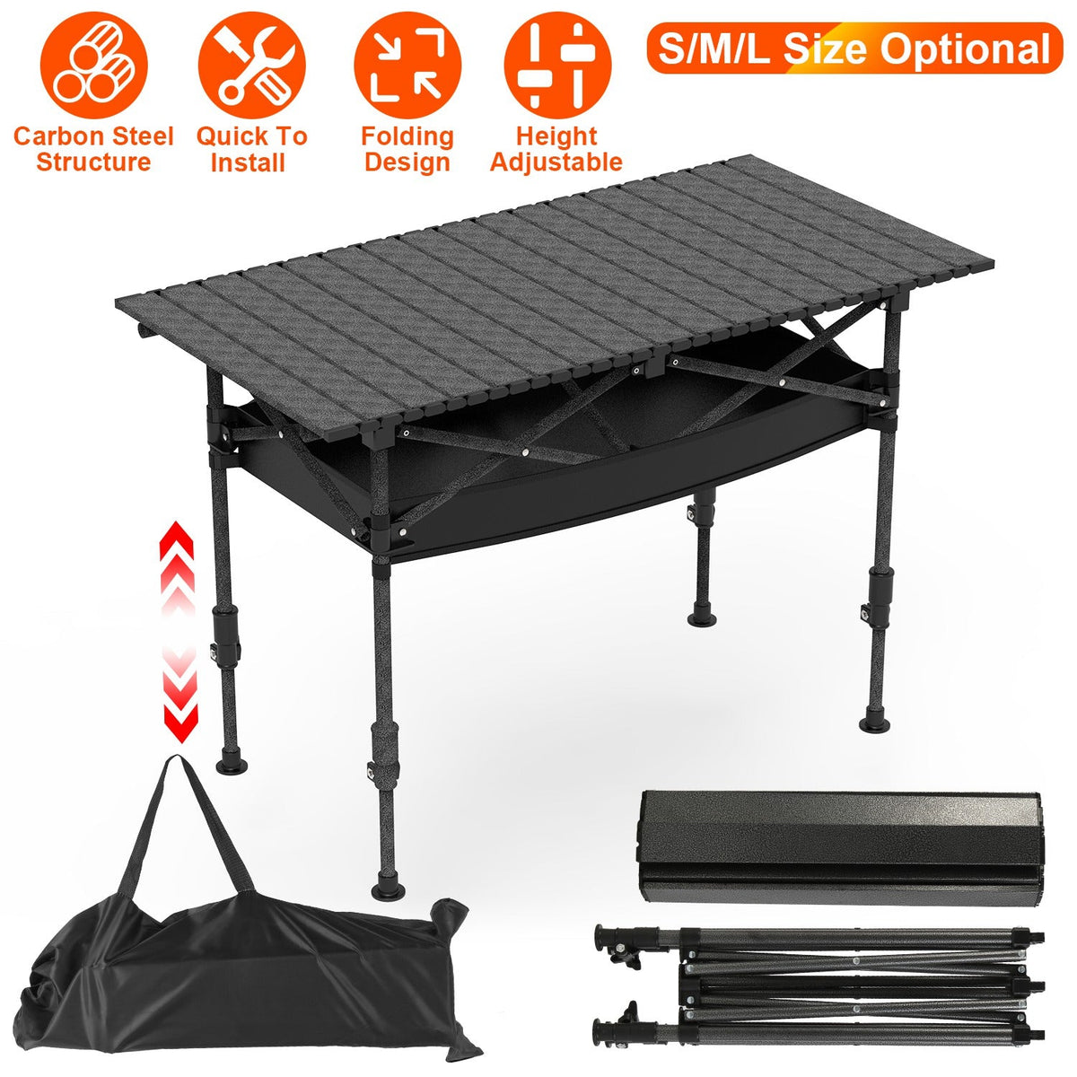 Portable Folding Camping Table With Adjustable Height Hanging Net Rustproof Carbon Steel Foldable Roll-Up Camping Table for Picnic Camping Hiking Beac