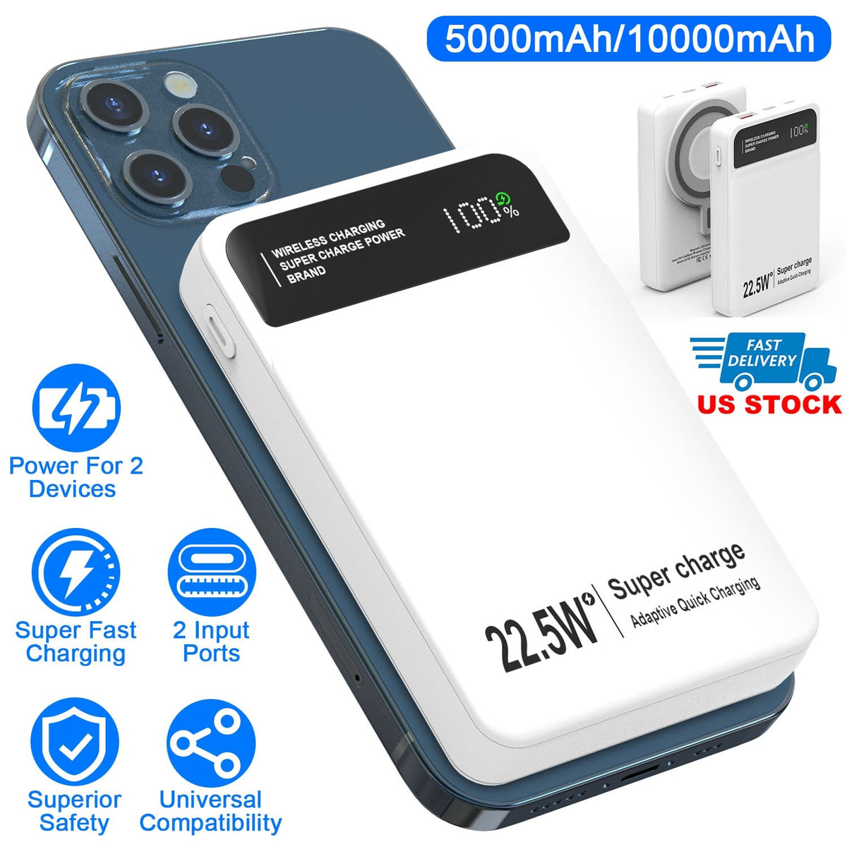 10000mAh Magsafe 3 In 1 Portable Charger PD22.5W Magnetic Fast Charger Fast Charging Power Bank Fit For IOS Phone 15/14 Samsung Galaxy S24 And More