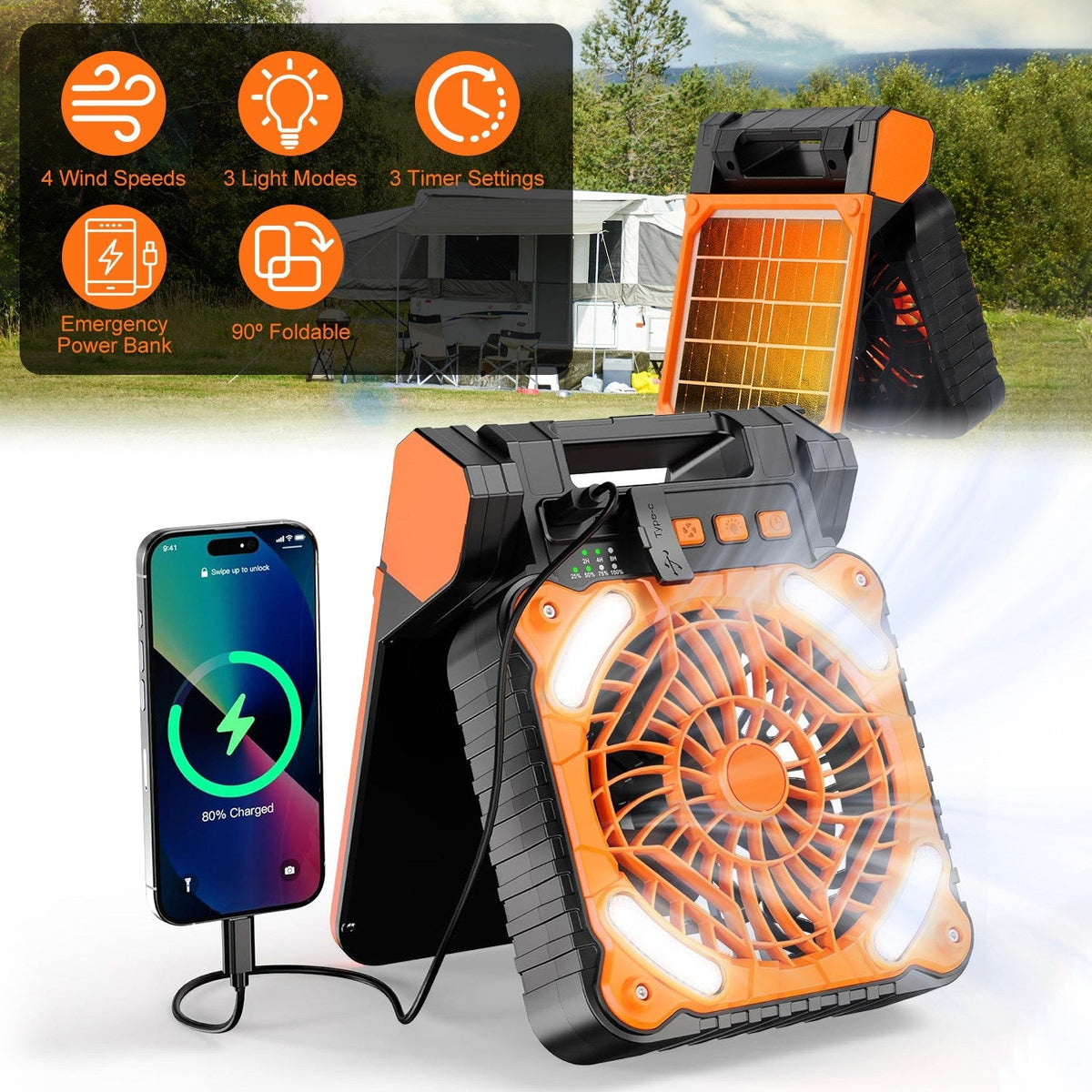 Solar Camping Fan With LED Lantern 5200mAh Rechargeable Battery Operated Portable Fan with Emergency Power Bank 4 Wind Speeds 3 Light Modes 3 Timers f