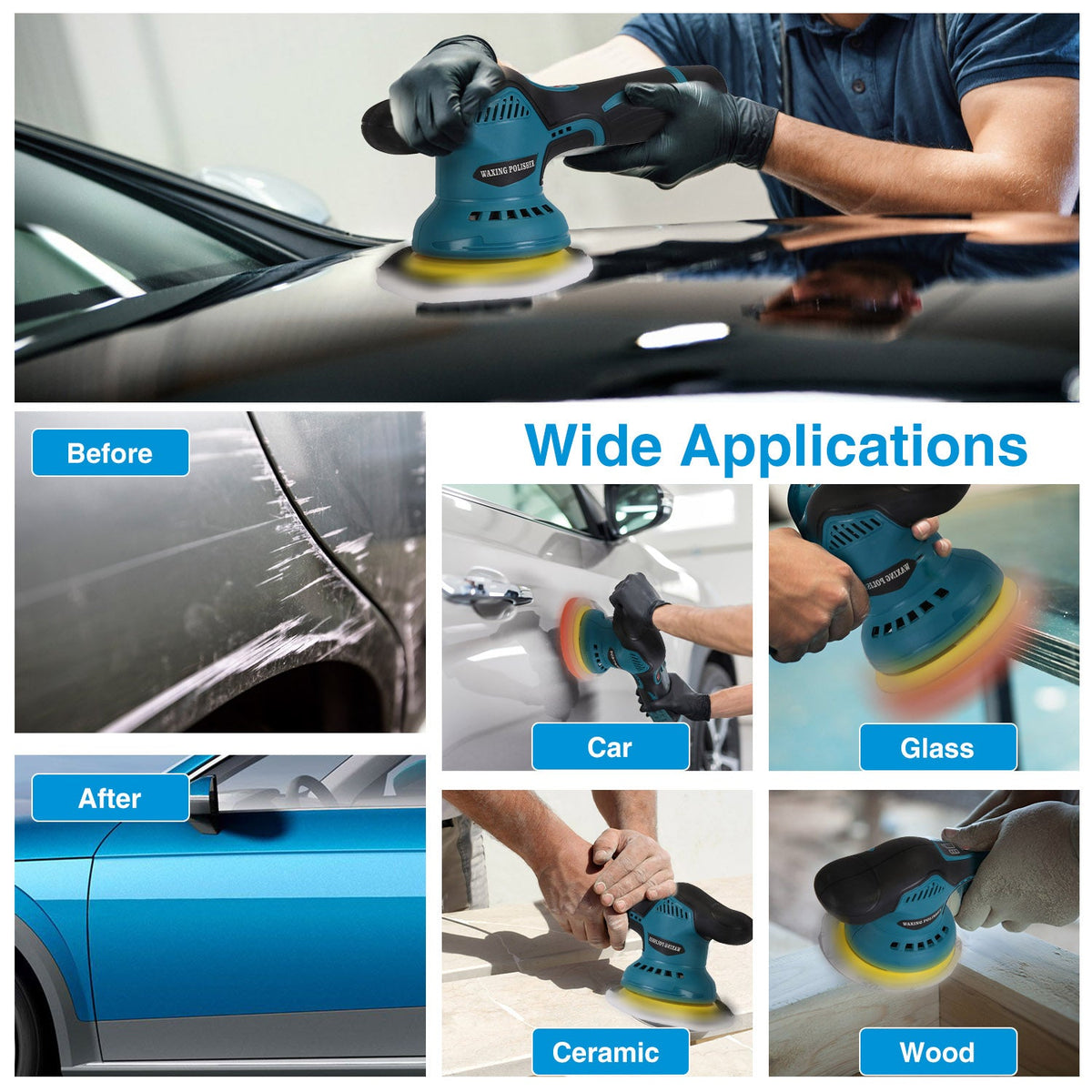 Cordless Car Buffer Polisher with 2Pcs 1500mAh Rechargeable Batteries 8 Speed Levels Wireless Polishing Waxer Machine Kit for Car Detailing