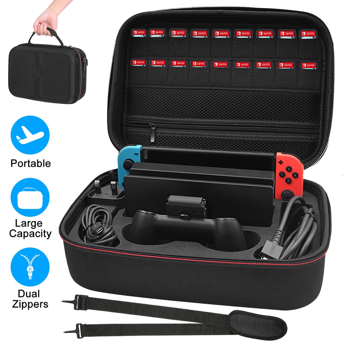 Portable Deluxe Carrying Case for Nintendo Switch Protected Travel Case w/ Rubberized Handle Shoulder Strap