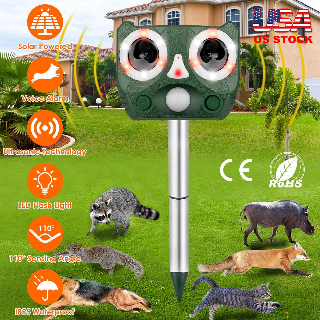 Ultrasonic Animal Repeller Solar Powered Animal Repellent Motion Sensor Animal Chaser IP55 Waterproof for Farm Garden Yard to Drive Deer Raccoon Squir