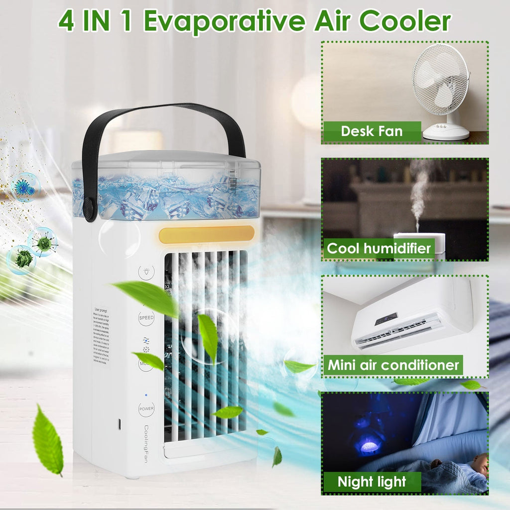 4 In 1 Portable Air Conditioner Fan Evaporative Air Cooler Water Mist Cooling Fan for Desktop 3 Speeds Nightlight