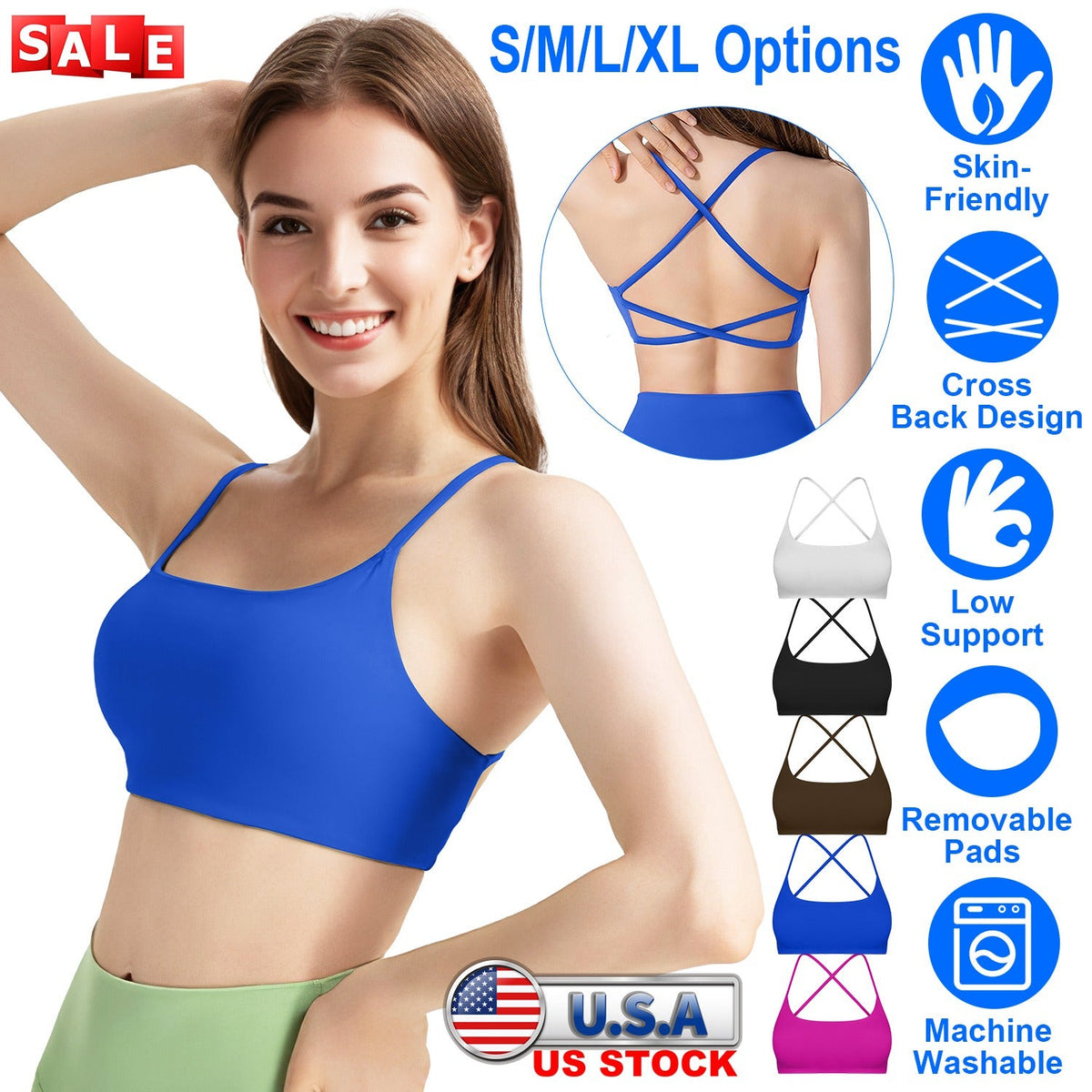 Women Cross Back Sport Bras Padded StrappyÊCrop Open Back Low Impact Bras SexyÊFitnessÊTank Tops with Removable Pads Thin Straps for Gym Yoga Workout